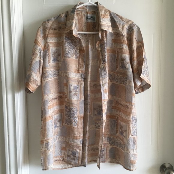 Vintage Floral Beige 100 % Silk Short Sleeve Shirt - Picture 1 of 8